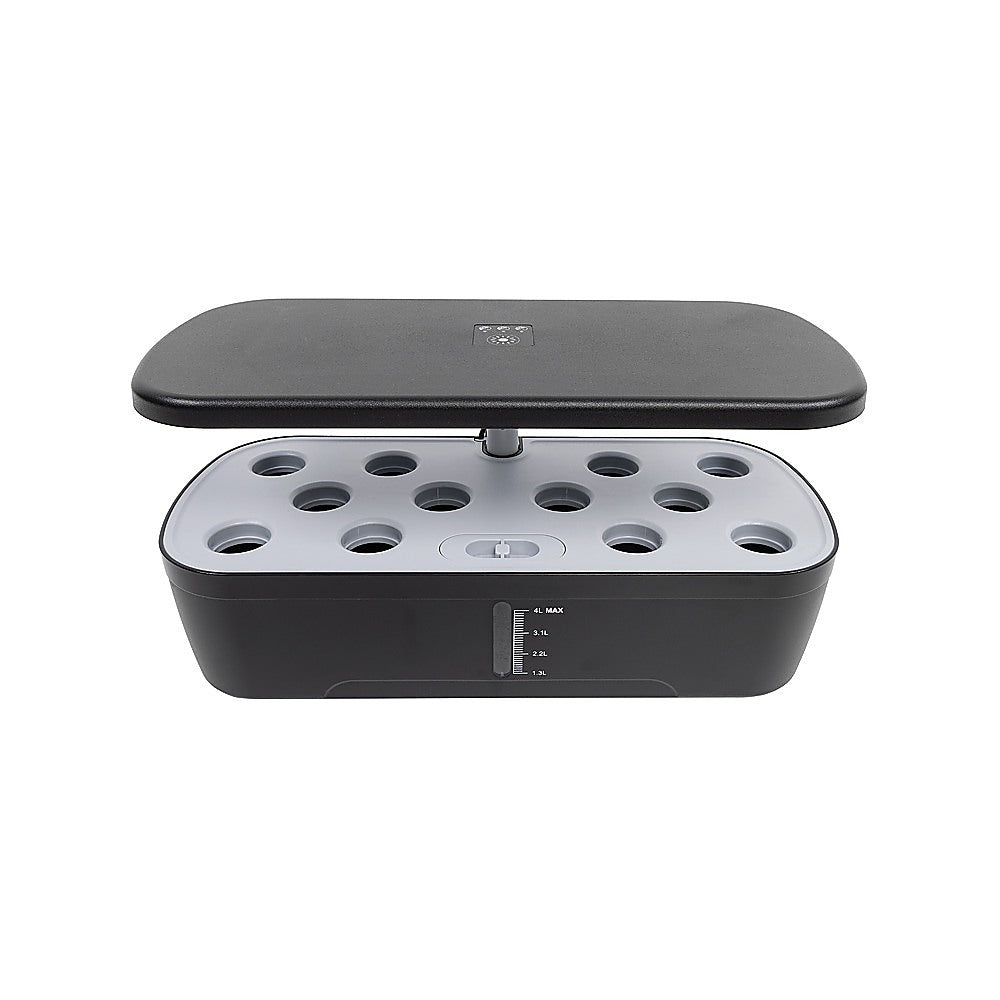 Indoor hydroponic germination system base with lid and 12 pod holes, black reservoir