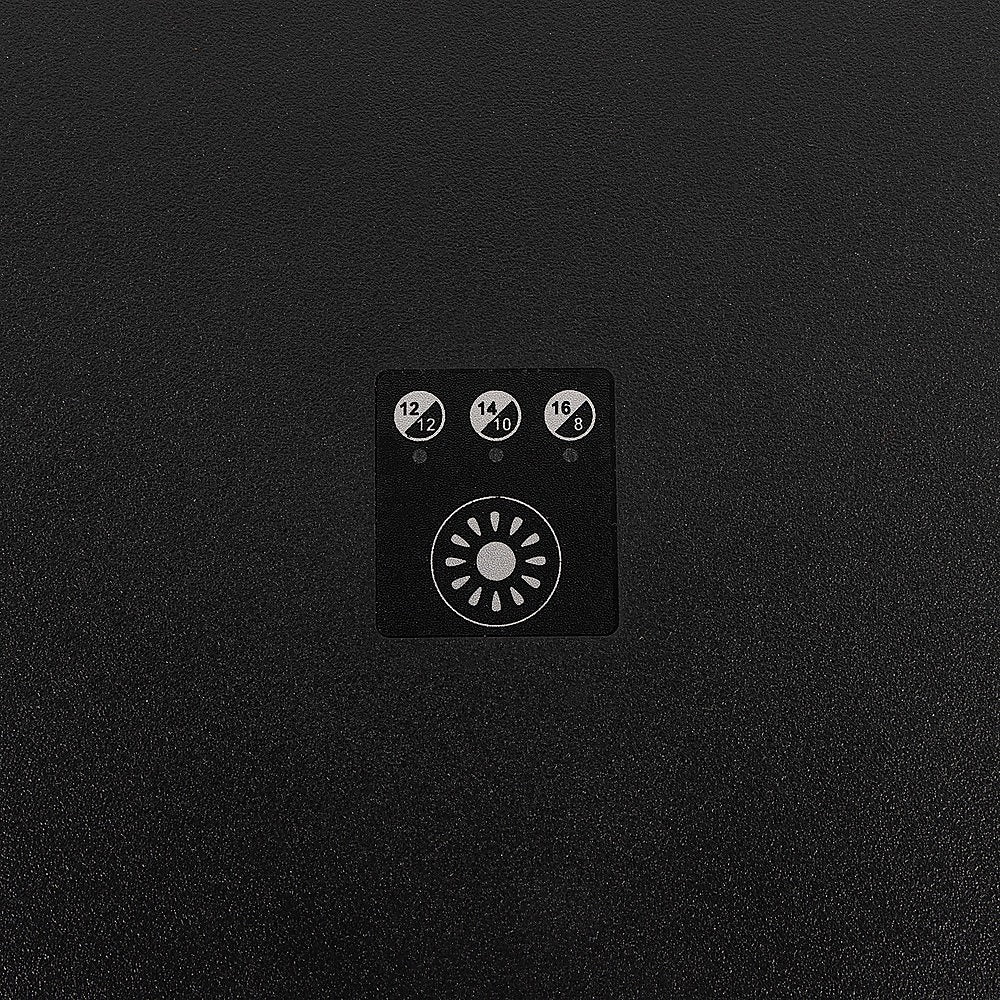 Indoor hydroponic germination system side control panel with dial icons on black housing