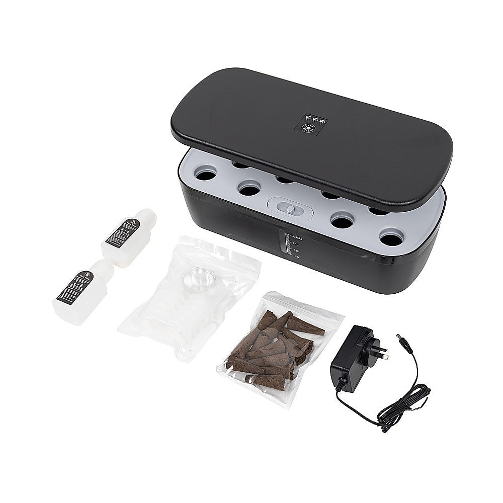Indoor hydroponic germination system kit with lid, pod base, power adapter, and accessories
