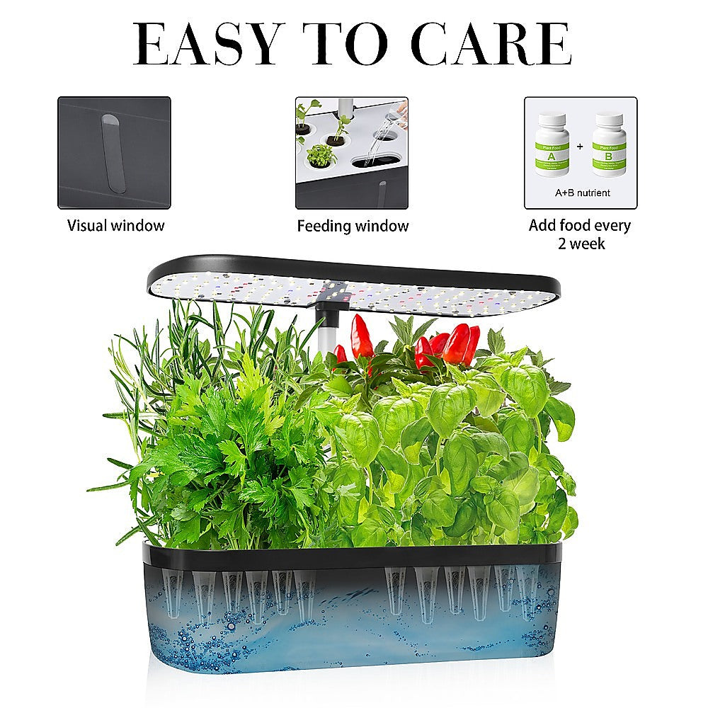 Indoor hydroponic growing system with water tank, 12 pods and top LED grow light