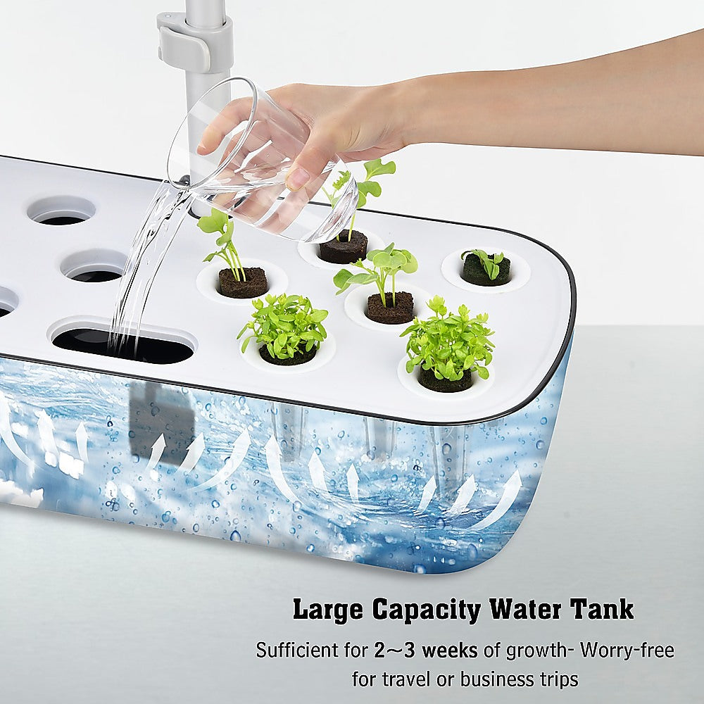 Indoor hydroponic planter with 12 pod holes; water poured into the tank