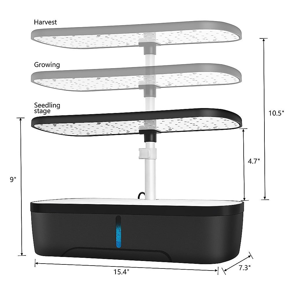 3-stage LED hydroponic growing system diagram with black tank and vertical light poles