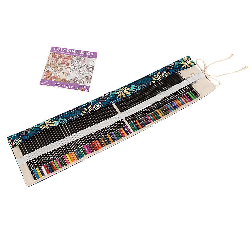 Rolled colored pencil case with drawstring and a small coloring book