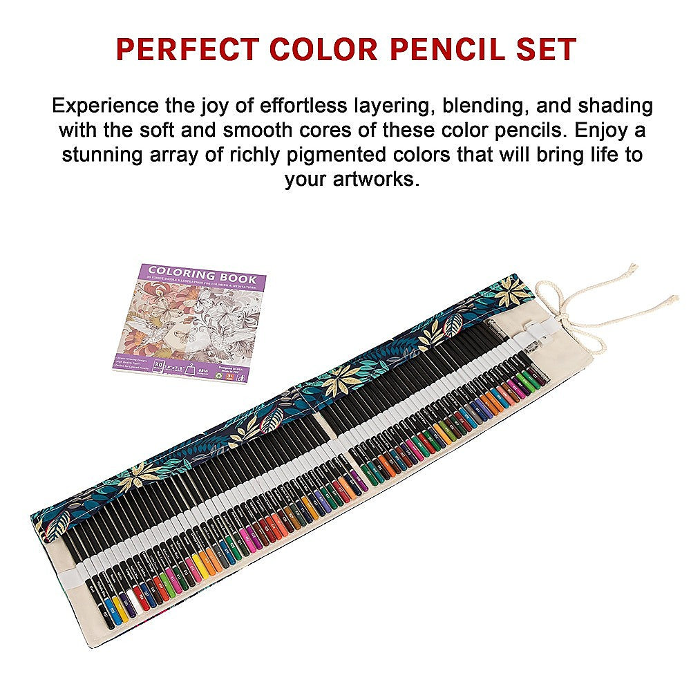 Rolled colored pencil set in fabric case with drawstring plus coloring book