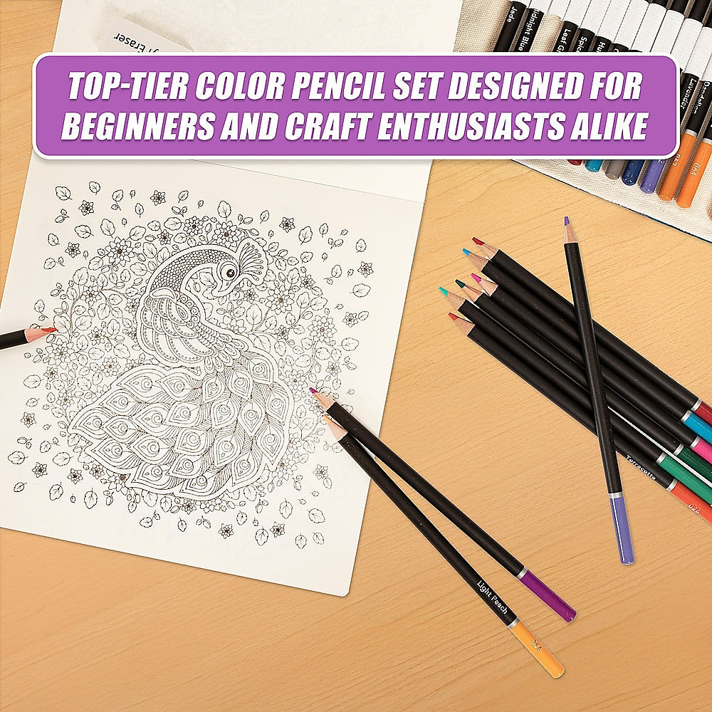 Coloring sheet with ornate bird design, black colored pencils, and open pencil roll