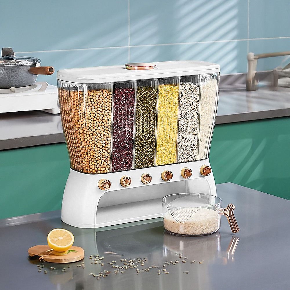 6 Grids Dispenser Storage Container Rice Cereal Beans Grain Bedworld