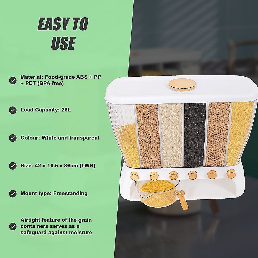 6 Grids Dispenser Storage Container Rice Cereal Beans Grain Bedworld