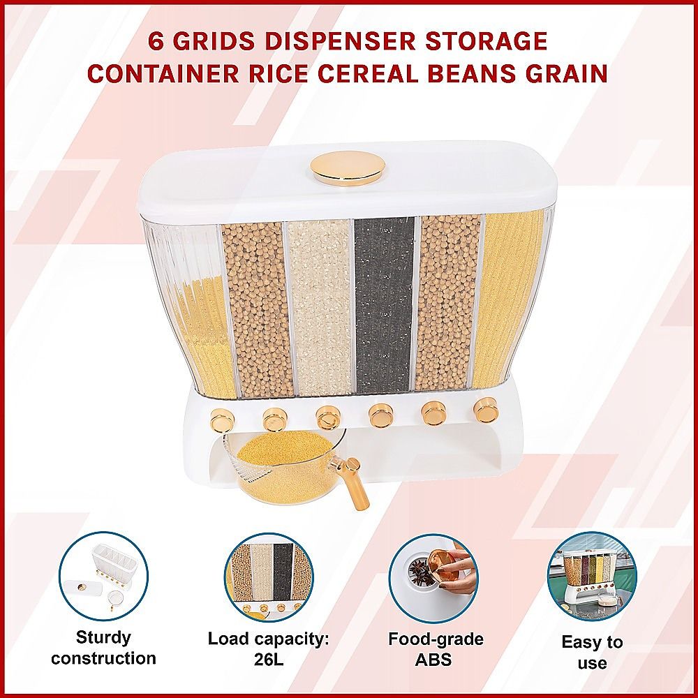 6 Grids Dispenser Storage Container Rice Cereal Beans Grain Bedworld
