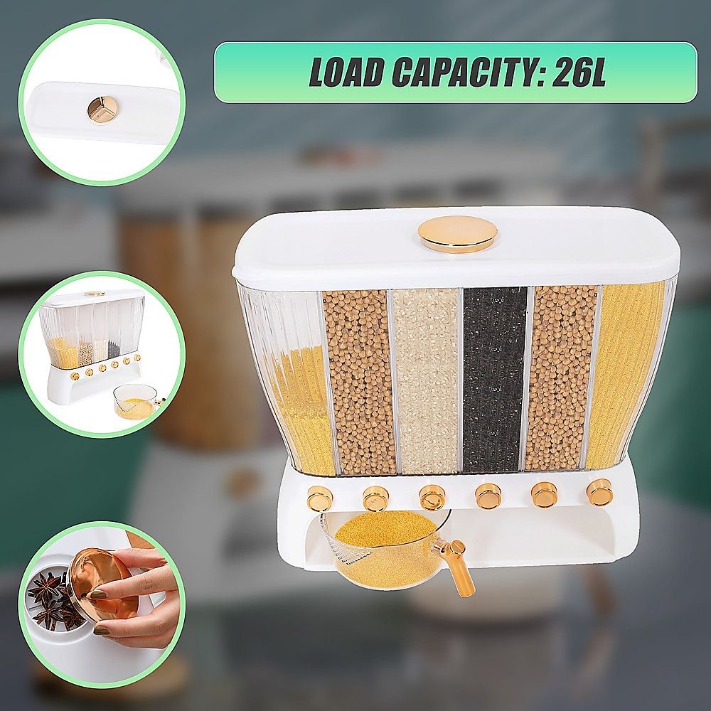 6 Grids Dispenser Storage Container Rice Cereal Beans Grain Bedworld