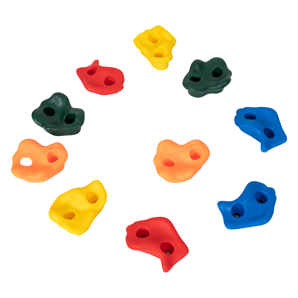 Set of 10 resin rock climbing wall holds in mixed colors, with mounting holes.