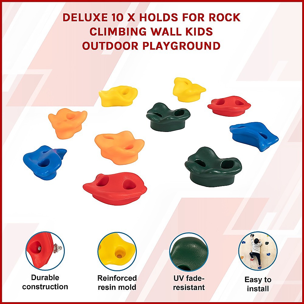 Set of 10 climbing holds in yellow, red, green, and blue shown together.