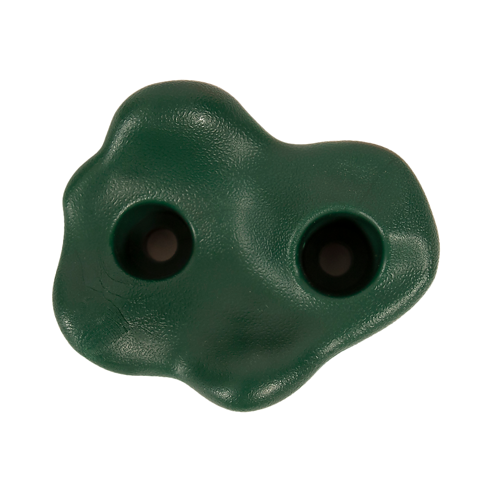 Green resin rock climbing wall hold with two circular hand holes.