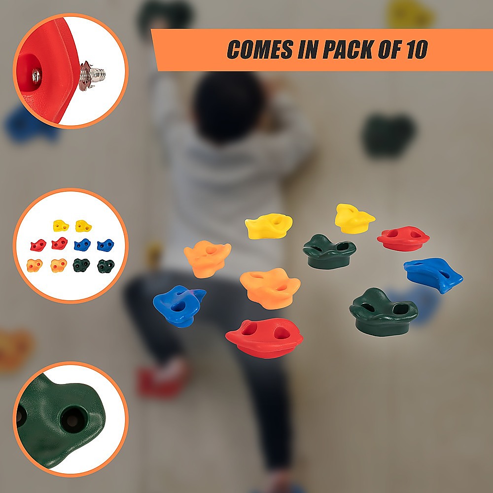 Colorful resin rock climbing wall holds on a climbing wall; pack of 10 shown.