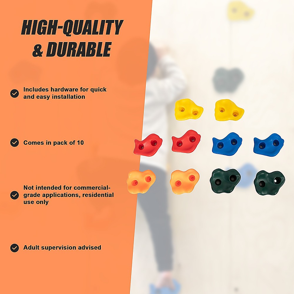 Set of 10 climbing wall holds in yellow, red, blue, and green