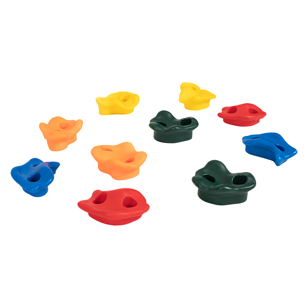 Set of 10 resin rock climbing wall holds in mixed red, yellow, blue, and green.