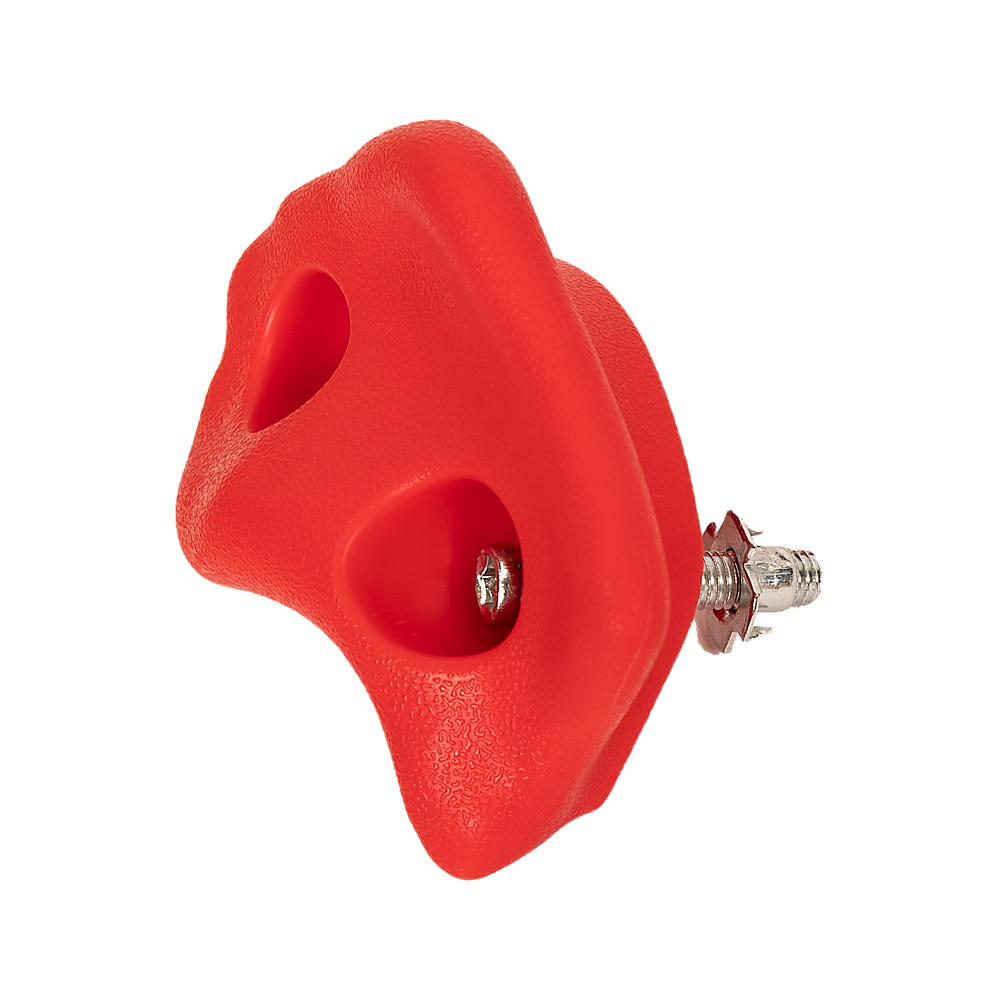 Red resin climbing hold with mounting bolt and two circular hand holes.
