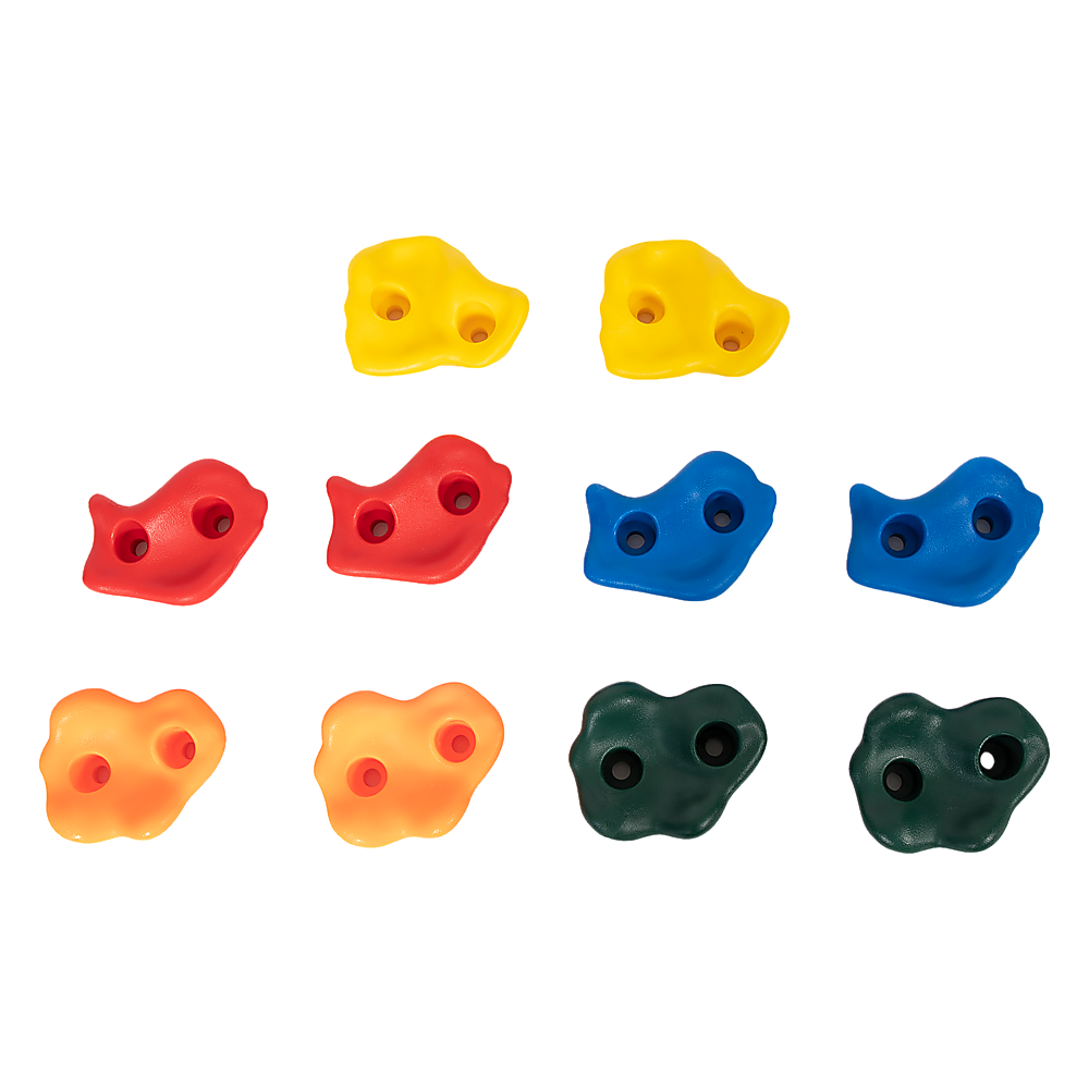 Set of 10 resin climbing holds in yellow, red, blue, and dark green.