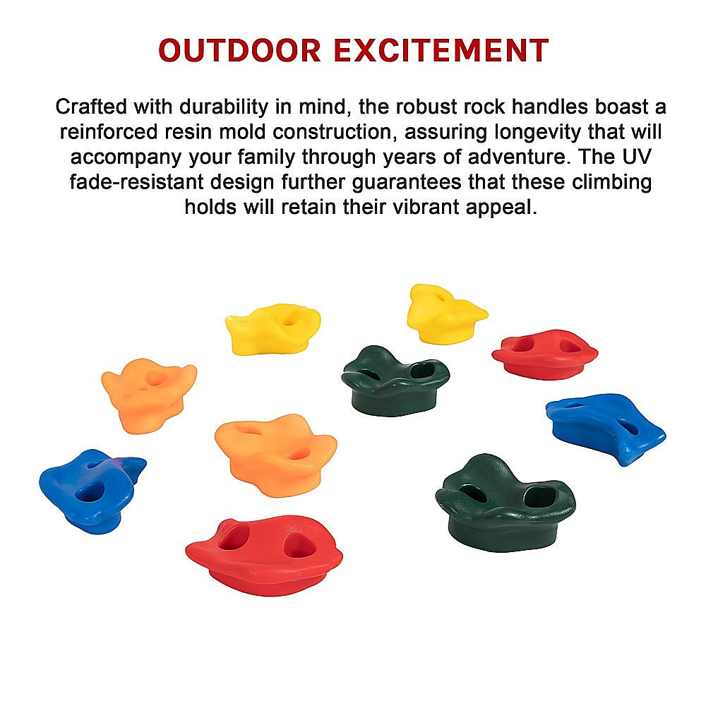 Set of 10 colorful resin climbing holds arranged: yellow, red, blue, and green.