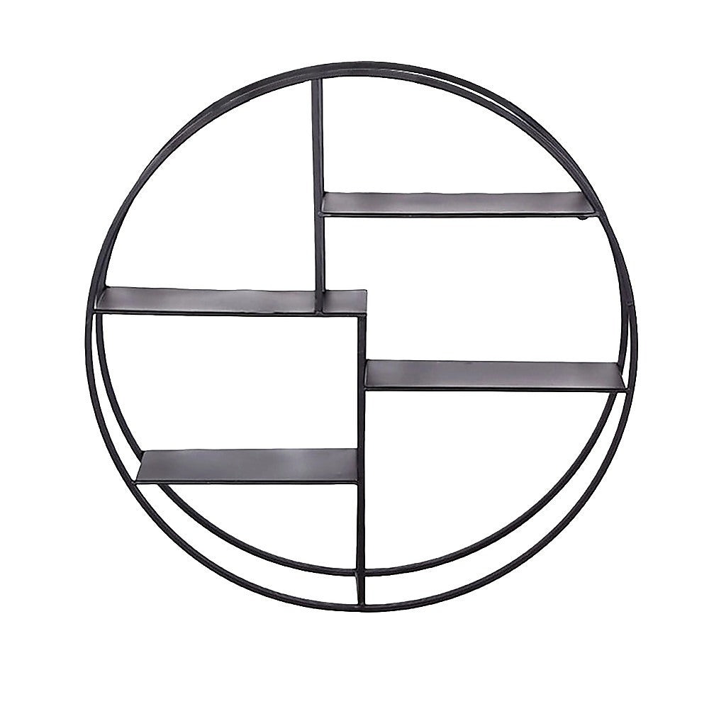 Black circular floating wall shelf with three metal bars and open cube compartments