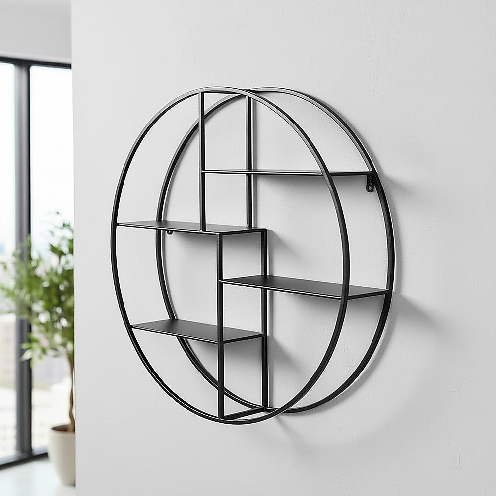 Black circular floating wall shelf with four open shelves in metal frame