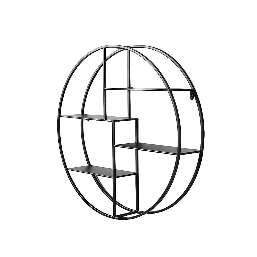 Black circular floating wall shelf with layered open shelves in metal frame