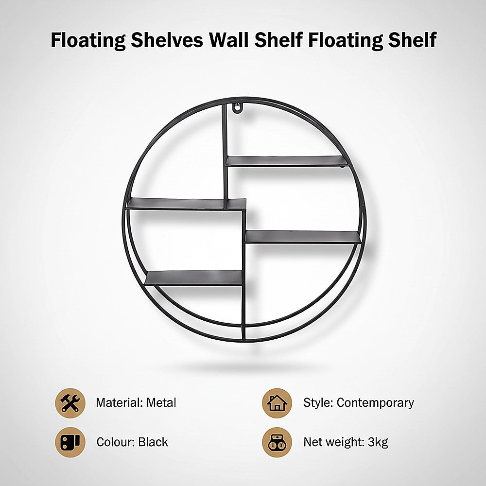 Black circular floating wall shelf with metal grid and stacked open shelves
