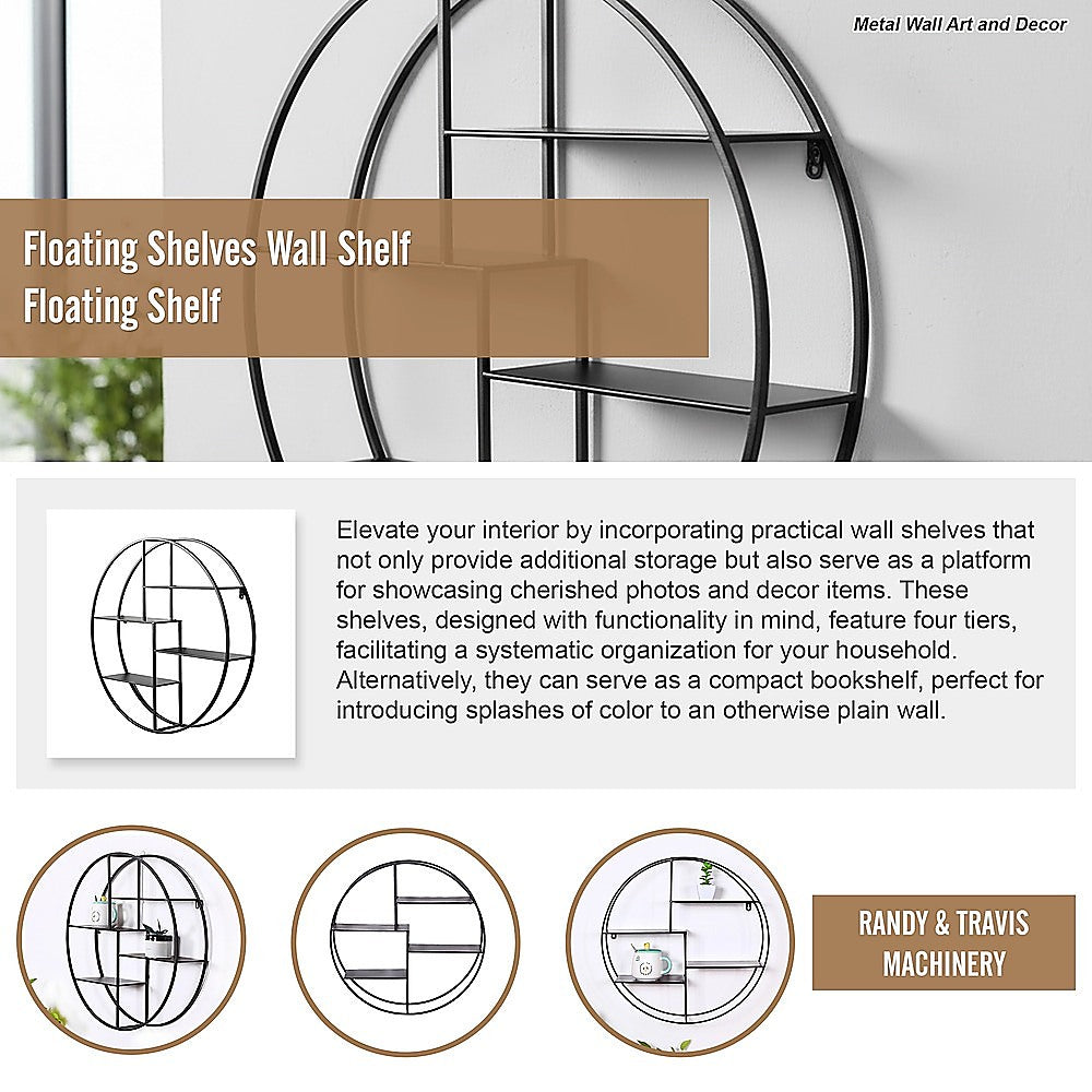 Black circular floating wall shelf wall mounted with close-up view of metal frame