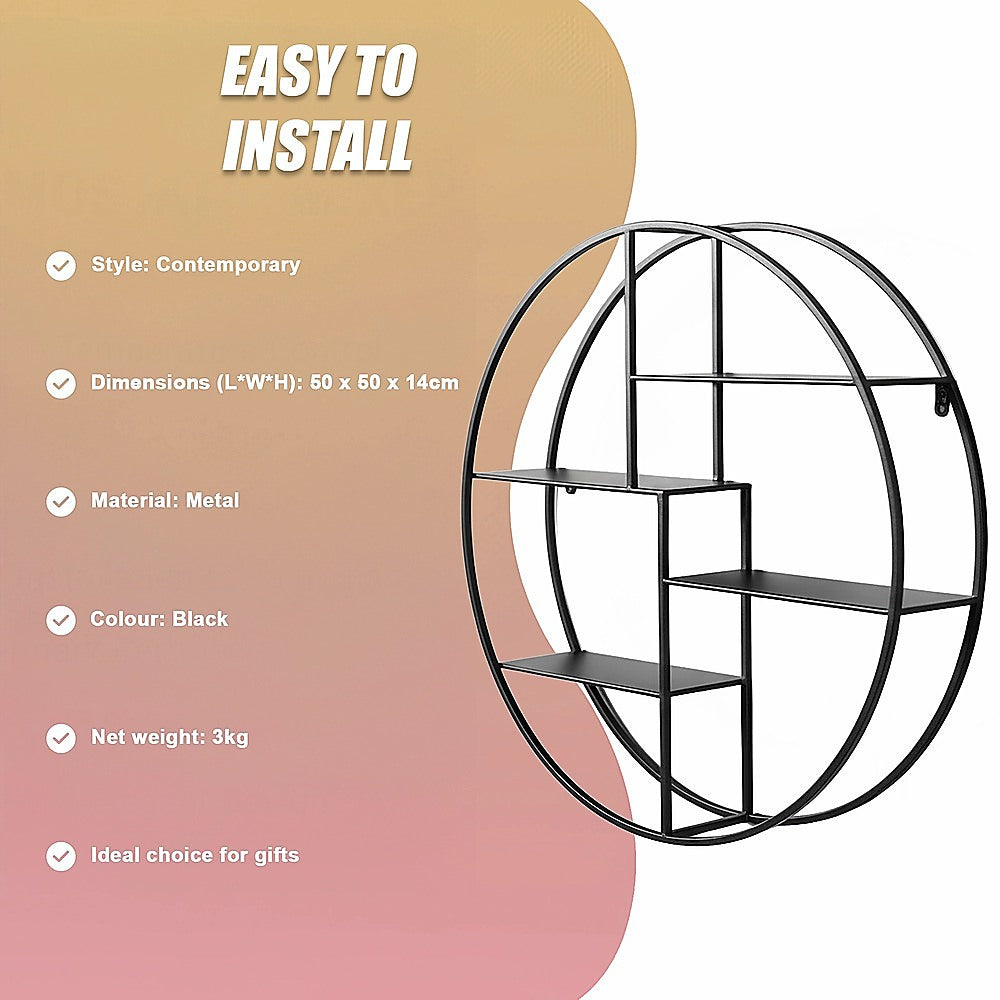 Black circular metal wall shelf with grid frame and three floating tiers