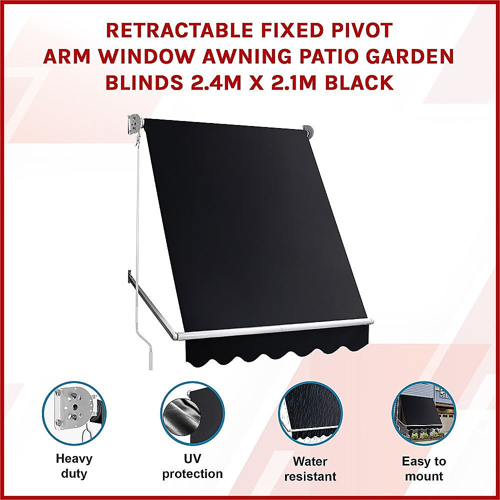 Black retractable fixed pivot arm window awning with scalloped valance