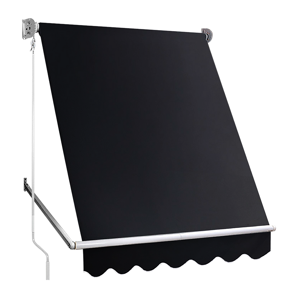 Black retractable window awning with pivot arm and scalloped valance