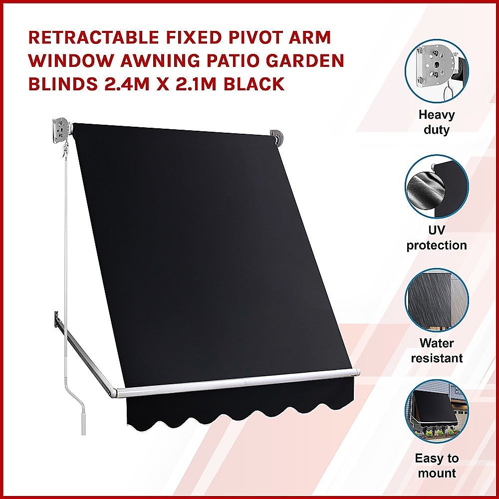 Black retractable fixed pivot arm window awning with scalloped edge