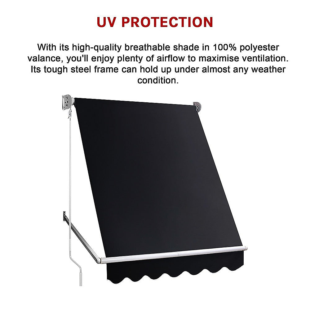 Black retractable window awning fabric with metal pivot arm and frame
