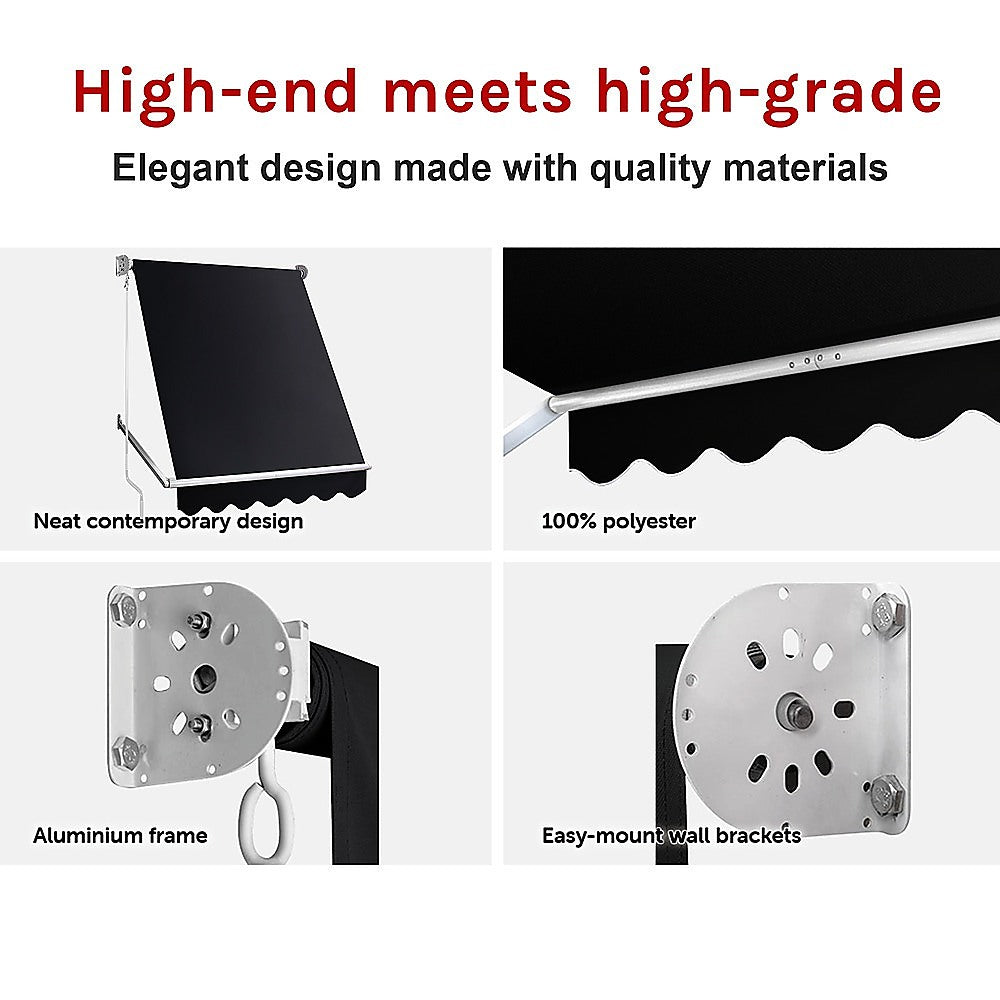 Retractable fixed pivot arm window awning with metal frame and wall brackets