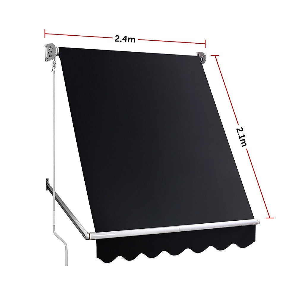 Black retractable pivot arm window awning with 2.4m x 2.1m dimensions