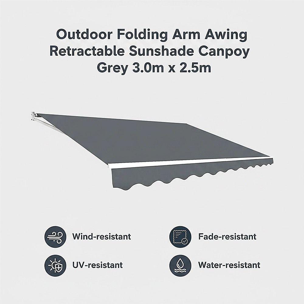 Outdoor Folding Arm Awning Retractable Sunshade Canopy Grey 3.0m x 2.5m