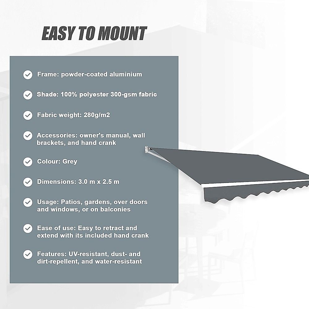 Outdoor Folding Arm Awning Retractable Sunshade Canopy Grey 3.0m x 2.5m