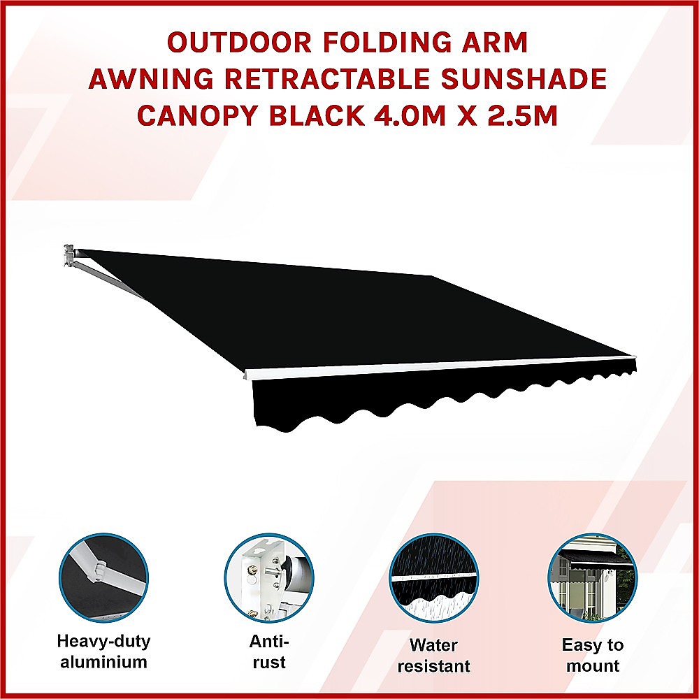 Black retractable folding arm awning canopy with scalloped valance, extended