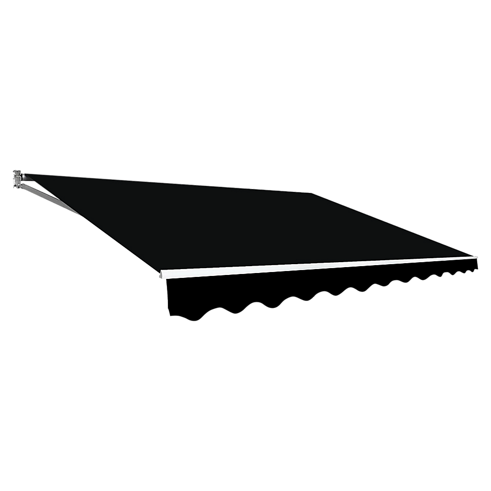 Retractable arm awning with black canopy and scalloped front valance, fully extended