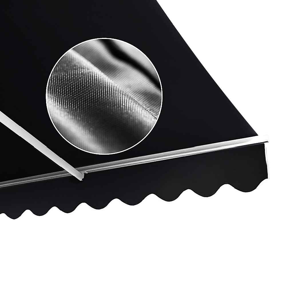 Black retractable awning fabric edge with scalloped valance and support bar detail