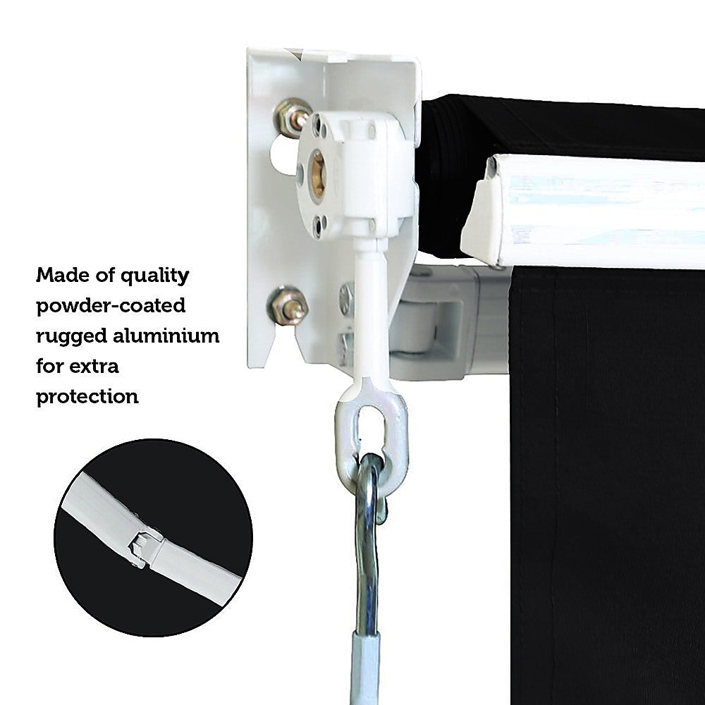 Retractable awning arm with black fabric canopy and metal hanging hook detail