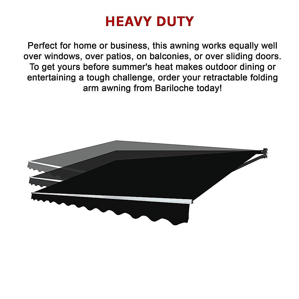 Black retractable folding arm awning canopy with scalloped valance, side view