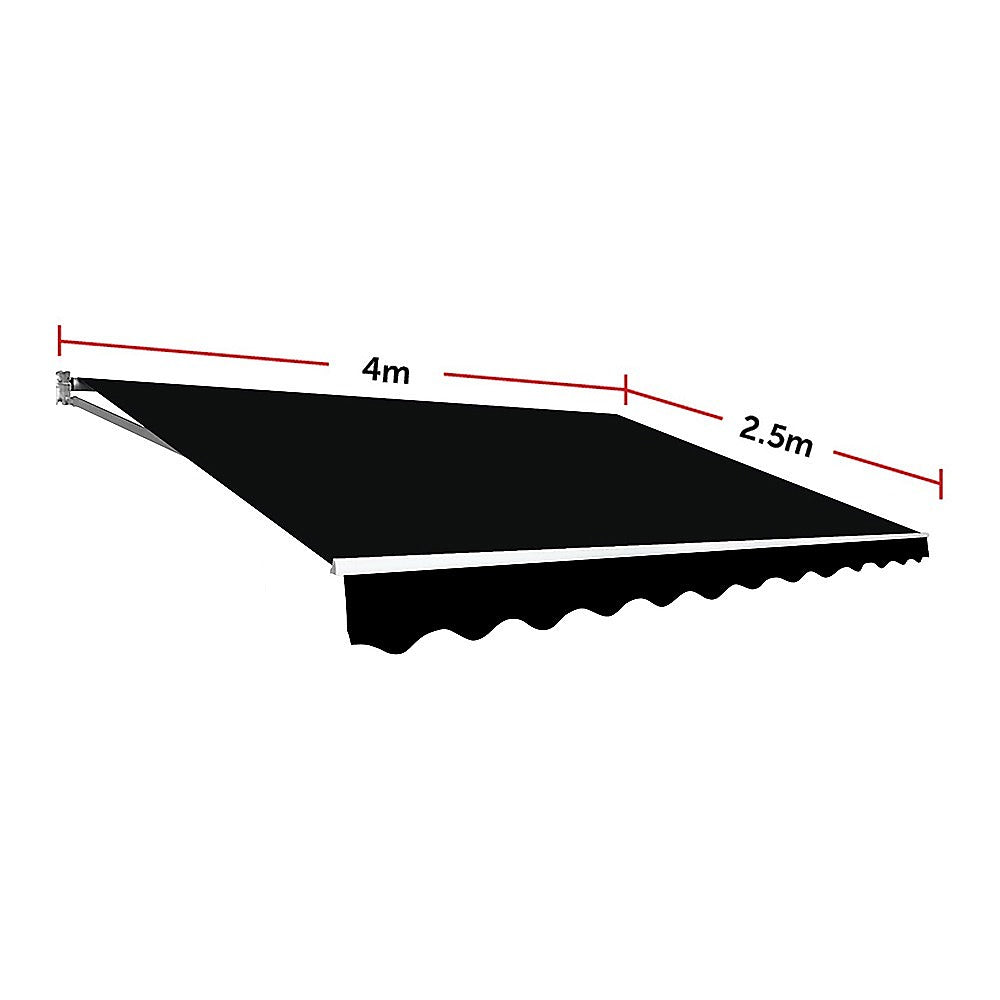 Retractable folding awning canopy, black; shown with 4 m by 2.5 m dimensions