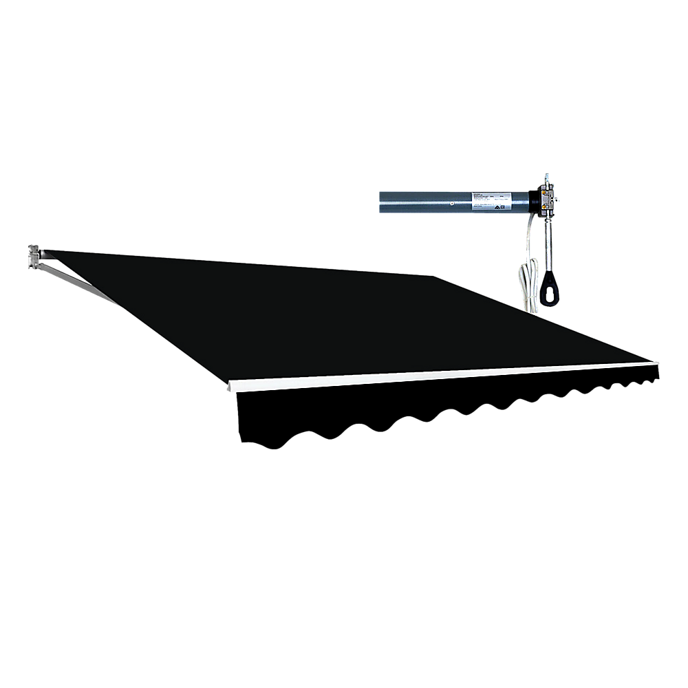 Retractable outdoor folding arm awning extended with black canopy and metal arms