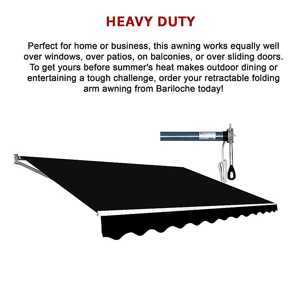 Motorized retractable folding arm awning with black canopy and scalloped valance