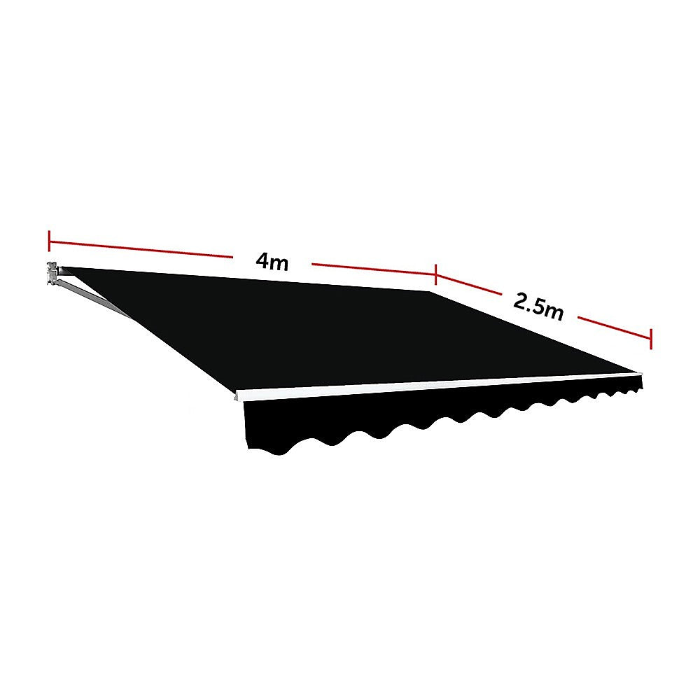 Retractable folding arm awning with black canopy fabric and scalloped valance