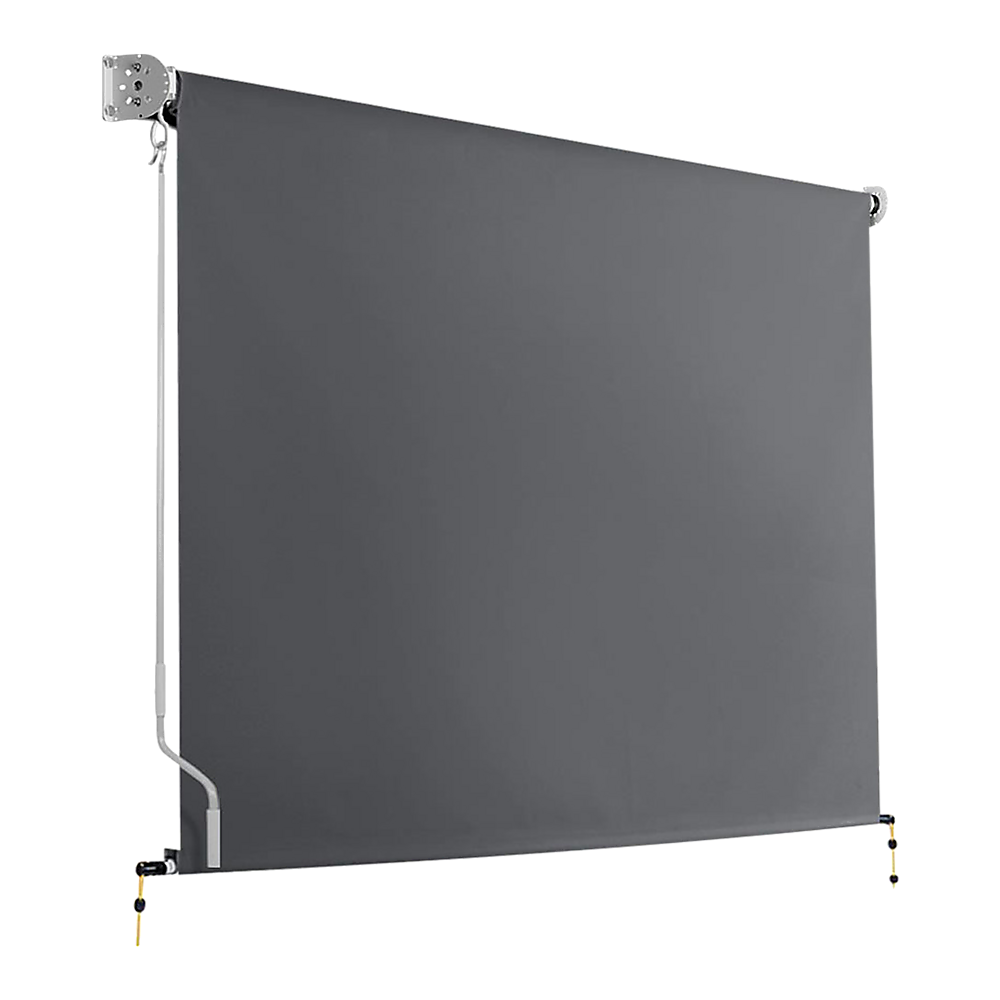 Retractable roll-down patio screen in dark gray with silver mounting brackets