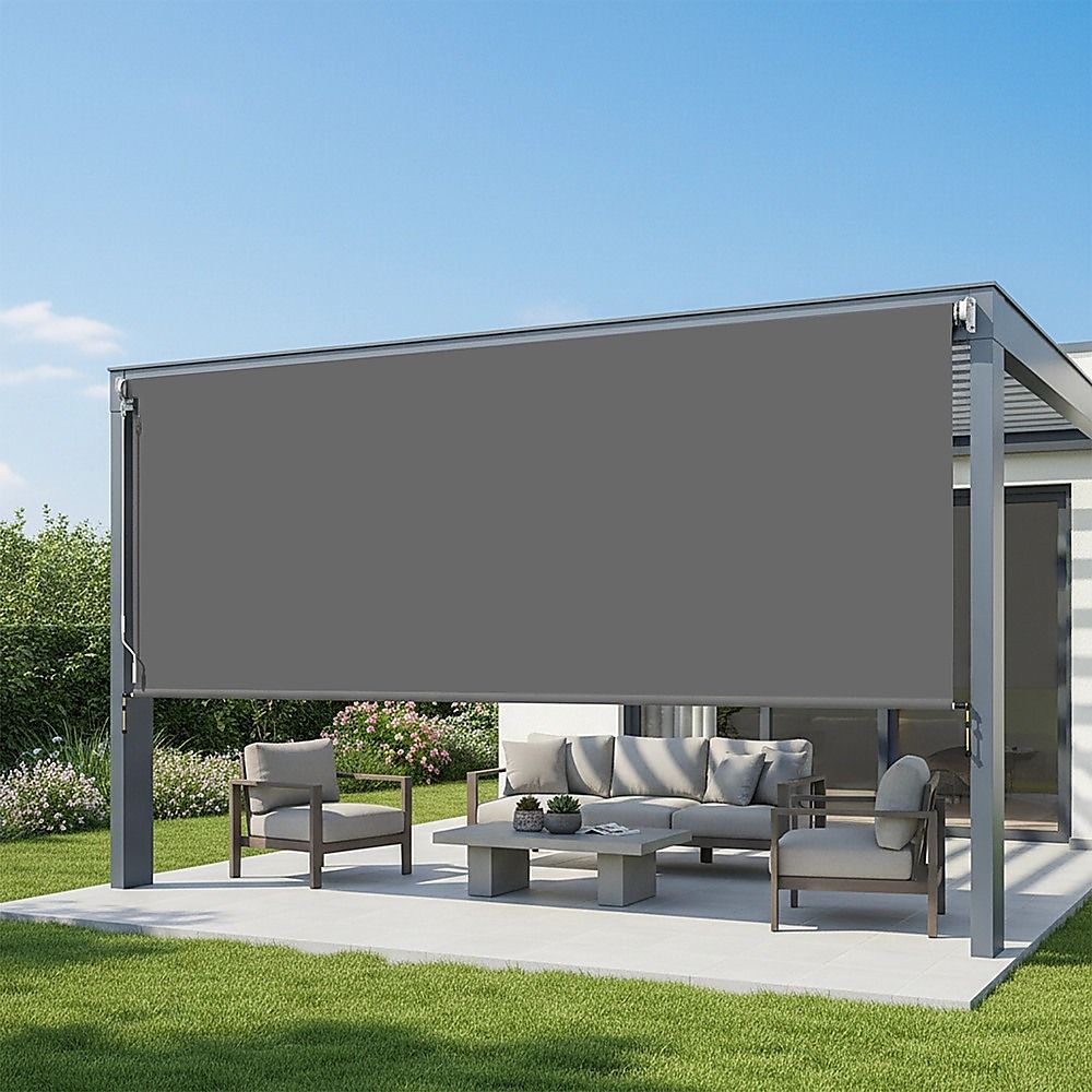 Retractable straight drop awning screen with dark gray fabric and metal frame