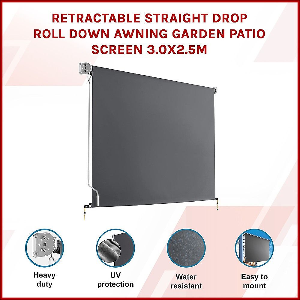 Retractable roll-down garden screen with dark gray panel and roller hardware