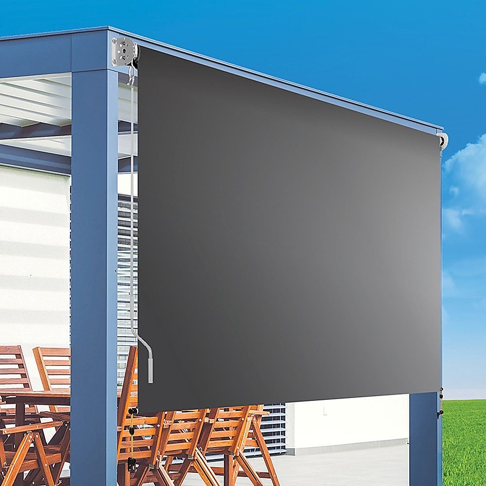 Retractable straight drop awning screen, dark gray fabric with side support frame