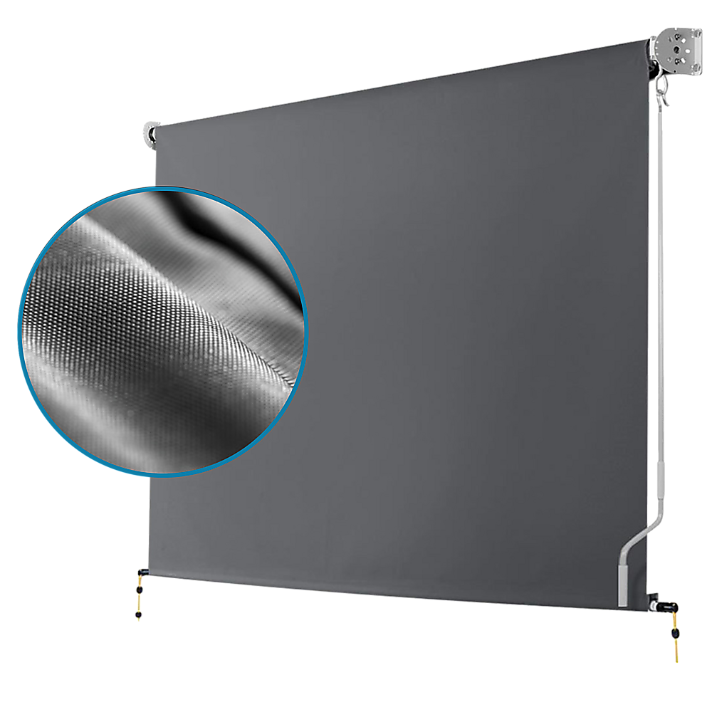 Retractable roll-down patio screen with dark gray textured fabric and silver roller